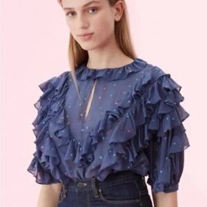 Rebecca Taylor Silk Glitter Gem Chiffon Ruffle Blouse Sz 2 Festive Flowy READ